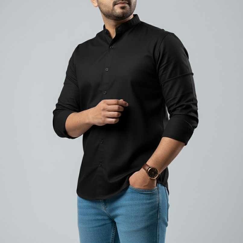 Black ban collar shirt view 1